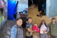 Pihak Kelurahan Sukajaya serahkan bantuan untuk korban banjir. (Photo Asrahi).