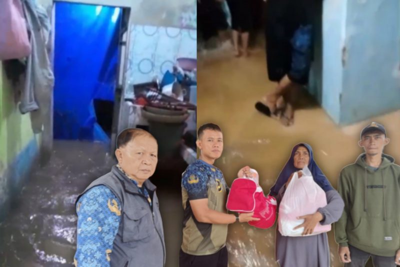 Pihak Kelurahan Sukajaya serahkan bantuan untuk korban banjir. (Photo Asrahi).