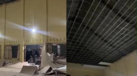Terlihat kondisi plafon atap gedung Kwarcab Pramuka Kabupaten Tasikmalaya ambruk, kaca depan pecah. (Foto: tangkapan layar)