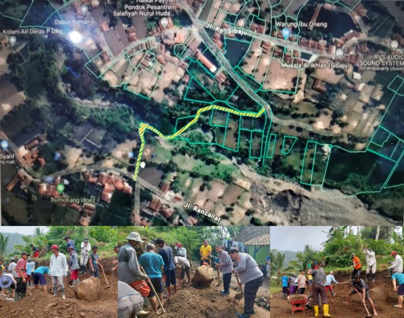 Masyarakat antusias gotong royong untuk pembangunan jalan alternatif yang menghubungkan tiga desa. (Poto: Momon Suparman)