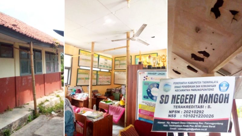 Plafon Berlubang Hingga Atap Diganjal Bambu, Siswa SDN Nangoh Tasikmalaya Dibayangi Bahaya